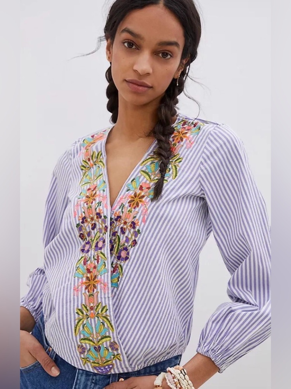 Anthropologie Artemis Embroidered Striped Blouse M Johnny Was Inspired Boho